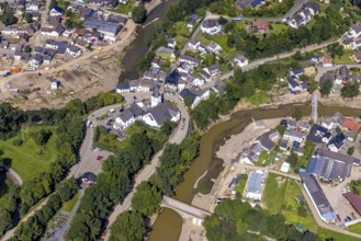 Aerial view, flood area with river Ahr and bridge damage and St. Gertrud Church in Schuld, Ahr