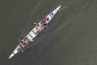 Aerial view, break while boating on the Kemnader Lake in the district Ostherbede in Witten, Ruhr