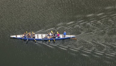 Aerial view, break while boating on the Kemnader Lake in the district Ostherbede in Witten, Ruhr