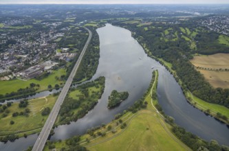 Aerial view, Lake Kemnader with excursion boats in the district Ostherbede in Witten, Ruhr area,