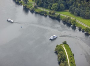 Aerial view, Lake Kemnader with excursion boats in the district Ostherbede in Witten, Ruhr area,