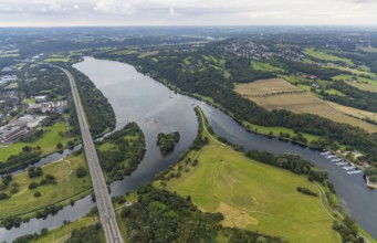 Aerial view, Kemnader Lake and motorway A43 in the district Ostherbede in Witten, Ruhr area, North