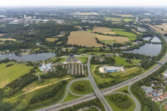 Aerial photo, tent festival at Lake Kemnader with corona-related beach chair edition 2021 in the
