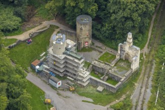 Aerial view, castle ruin Hardenstein renovation in the district Vormholz in Witten, Ruhr area,
