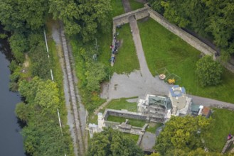 Aerial view, castle ruin Hardenstein renovation in the district Vormholz in Witten, Ruhr area,
