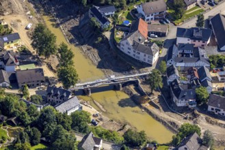 Aerial view, flood area with river Ahr and bridge damage Domhofstraße in Schuld, Ahr valley,