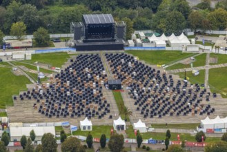 Aerial photo, tent festival at Lake Kemnader with corona-related beach chair edition 2021 in the