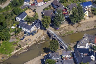 Aerial view, flood area with river Ahr and bridge damage Domhofstraße in Schuld, Ahr valley,