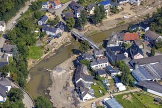 Aerial view, flood area with river Ahr and bridge damage Domhofstraße in Schuld, Ahr valley,