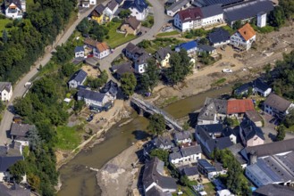 Aerial view, flood area with river Ahr and bridge damage Domhofstraße in Schuld, Ahr valley,