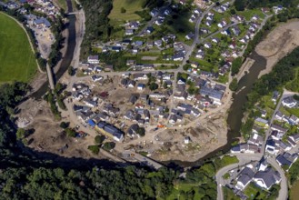 Aerial photograph, flood area with river Ahr in Schuld, Ahr valley, Rhineland-Palatinate, Germany,