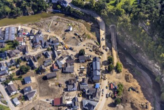 Aerial view, flood area with river Ahr and bridge damage in Schuld, Ahr valley,