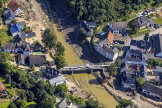 Aerial view, flood area with river Ahr and bridge damage in Schuld, Ahr valley,