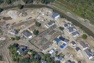 Aerial view, flood area at the river Ahr with cemetery Altenahr in Altenahr, Ahr valley,