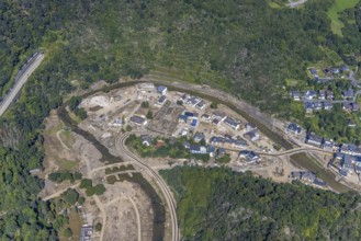 Aerial view, flood area at the river Ahr with cemetery Altenahr in Altenahr, Ahr valley,