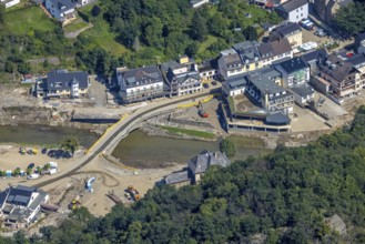 Aerial view, flood area at the river Ahr with destroyed bridge in Altenahr, Ahr valley,