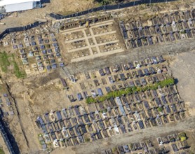 Aerial view, flood area at the river Ahr with cemetery Altenahr in Altenahr, Ahr valley,