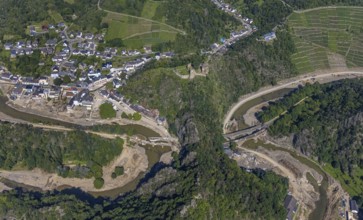 Aerial view, flood area at the river Ahr with destroyed bridges and tunnel entrances in Altenahr,