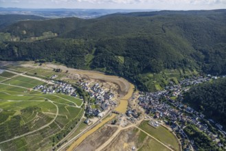 Aerial view, flood area at the river Ahr in the district of Rech, Altenahr, Ahr valley,