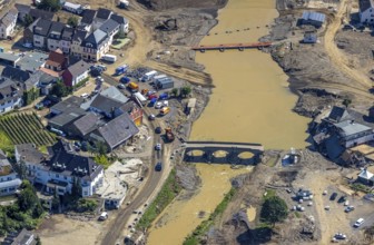 Aerial view, flood area at the river Ahr in the district of Rech, Altenahr, Ahr valley,