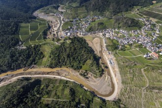 Aerial view, flood area at the river Ahr in the district Mayschoß in Altenahr, Mayschoß, Ahr