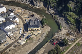 Aerial view, flood area at the river Ahr and destroyed Gasthof zur Saffenburg in Mayschoß, Ahr