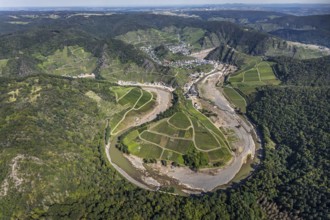 Aerial view, flood area at the river Ahr at vineyards in the districts Laach, Lochmühle and