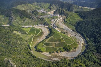 Aerial view, flood area at the river Ahr at vineyards in the districts Laach, Lochmühle and