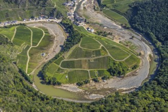 Aerial view, flood area at the river Ahr at vineyards in the districts Laach, Lochmühle and