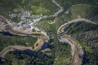 Aerial view, flood area at the river Ahr with destroyed bridges and tunnel entrances in Altenahr,