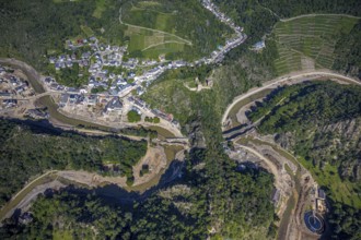 Aerial view, flood area at the river Ahr with destroyed bridges and tunnel entrances in Altenahr,