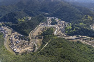 Aerial view, flood area at the river Ahr and Altenahr cemetery in Altenahr, Ahr valley,