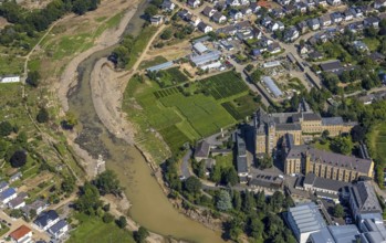 Aerial view, flood area at the river Ahr and monastery with pilgrimage church Calvarienberg in