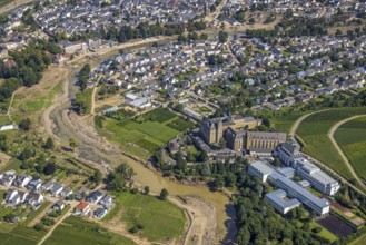 Aerial view, flood area at the river Ahr and Dr. von Ehrenwall's clinic and monastery with