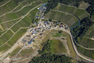 Aerial view, flood area at the river Ahr at vineyards and small Ahr loop at the winery Kloster