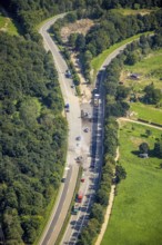Aerial photo, flood area and construction site on the A571 motorway in Heimersheim, Bad