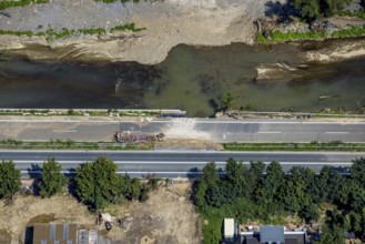 Aerial view, flood area at the river Ahr and destroyed country road B266 in Heimersheim, Bad