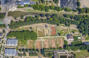 Aerial view, flood area at the river Ahr with destroyed HTC Bad Neuenahr tennis facility in Bad