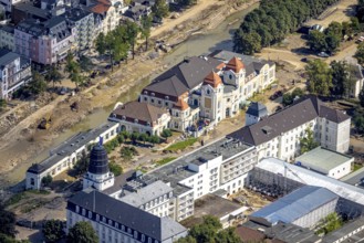 Aerial view, flood area at the river Ahr with spa hotel Bad Neuenahr and Steigenberger Hotel with
