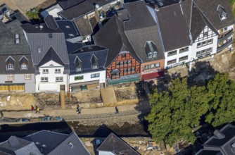 Aerial view, historic old town flood area with destroyed bank area of the river Erft after Erft