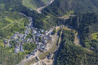 Aerial view, flood area at the river Ahr with destroyed bridges and tunnel entrances in Altenahr,
