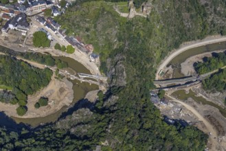 Aerial view, flood area at the river Ahr with destroyed bridges and tunnel entrances in Altenahr,
