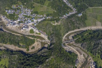 Aerial view, flood area at the river Ahr with destroyed bridges and tunnel entrances in Altenahr,