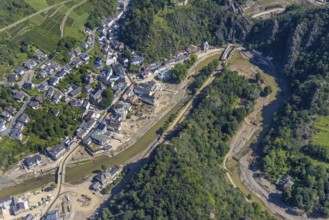 Aerial view, flood area at the river Ahr with destroyed bridges and tunnel entrances in Altenahr,