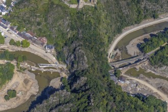 Aerial view, flood area at the river Ahr with destroyed bridges and tunnel entrances in Altenahr,