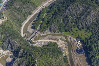 Aerial view, flood area at the river Ahr with destroyed bridges and tunnel entrances in Altenahr,
