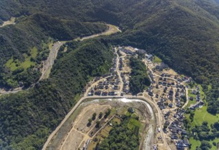 Aerial view, flood area on the river Ahr with Altenahr primary school and Maternus-Stift retirement