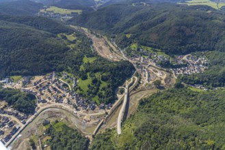Aerial photograph, flood area at the river Ahr in Altenburg, Altenahr, Ahr valley,