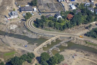 Aerial view, flood area at the river Ahr with destroyed bridge in Altenahr, Ahr valley,
