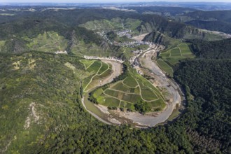 Aerial view, flood area at the river Ahr at vineyards in the districts Laach, Lochmühle and